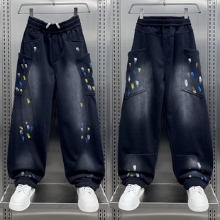 潮流痞帅拼接泼墨加绒弯刀裤 休闲长裤 韩版 宽松阔腿运动卫裤 男 男士
