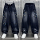 男士 宽松阔腿运动卫裤 韩版 休闲长裤 潮流痞帅拼接泼墨加绒弯刀裤 男