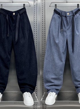 秋冬加绒纯色条绒弯刀裤男宽松个性腰带直筒休闲裤美式复古长裤男