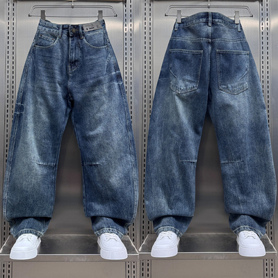 美式复古水洗做旧直筒牛仔裤