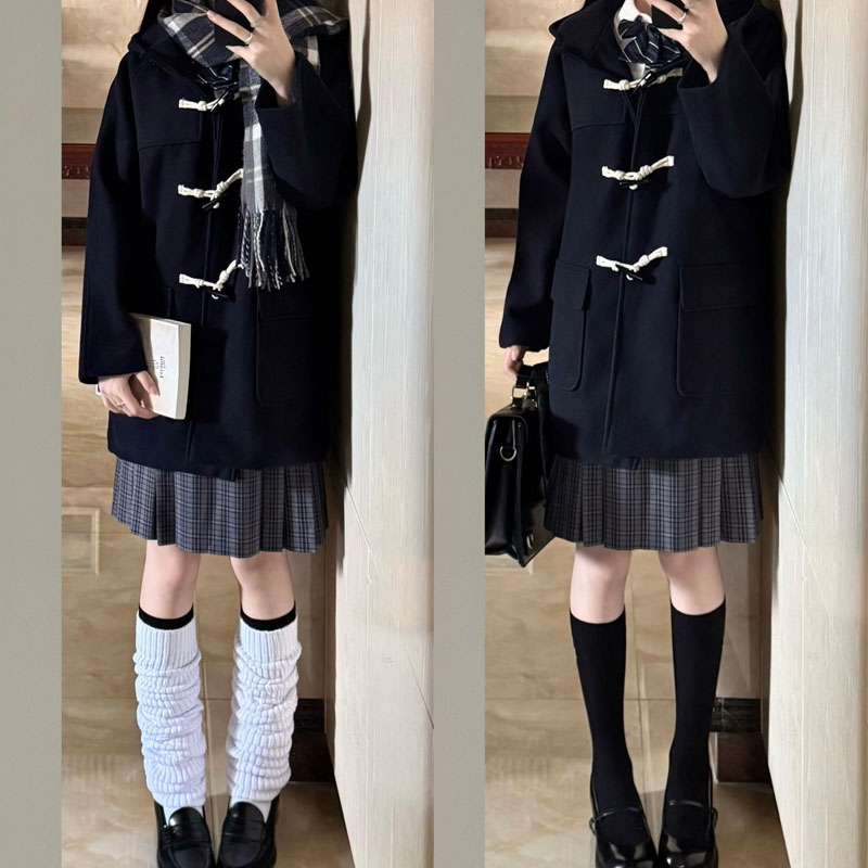 十一封信 jk女秋冬季夹棉加厚款日系学院风小个子连帽呢大衣外套