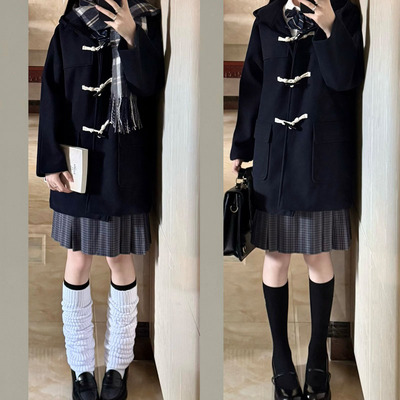 十一封信 jk女秋冬季夹棉加厚款日系学院风小个子连帽呢大衣外套