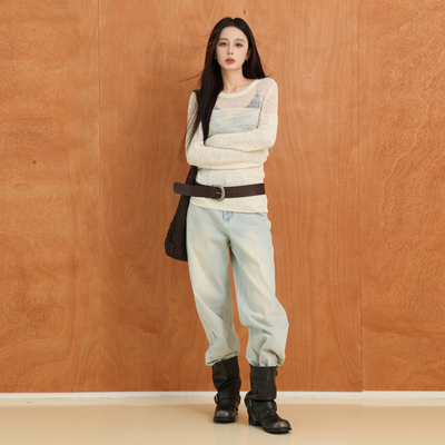 AIRIQI奥莱女装水洗高腰牛仔裤时尚出街百搭直筒阔腿裤AI41NC098