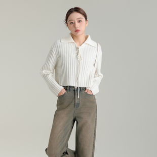 AIRIQI奥莱女装POLO领针织衫时尚显瘦绑带短款毛衫AX41MS143