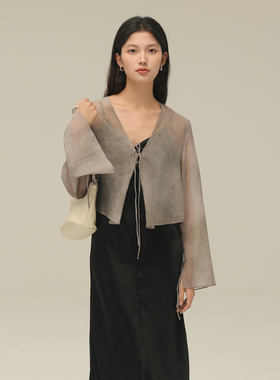 AIRIQI奥莱女装新中式外套水墨晕染气质喇叭袖短外套AH42WT726