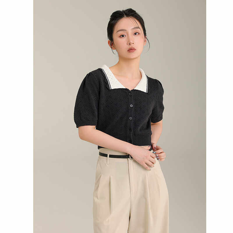 镂空纯色针织开衫AIRIQIPolo领