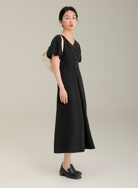 AIRIQI奥莱女装黑色连衣裙显瘦优雅通勤都市风V领连衣裙AF32LQ042
