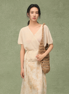 AIRIQI奥莱女装亚麻短袖针织都市通勤舒适极简显瘦开衫AH42KS583