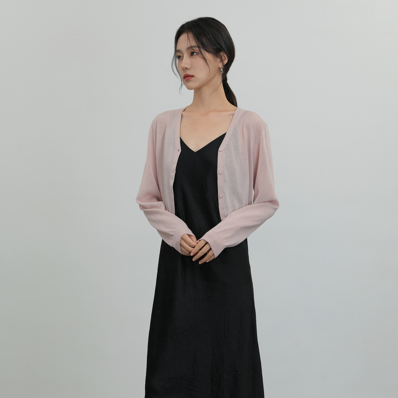 AIRIQI奥莱女装V领亚麻针织衫清冷简约通勤百搭短款开衫AH42KS228