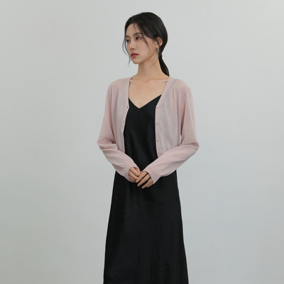 AIRIQI奥莱女装V领亚麻针织衫清冷简约通勤百搭短款开衫AH42KS228