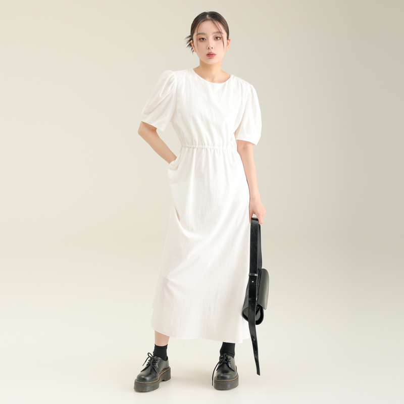 AIRIQI奥莱女装时尚圆领连衣裙纯色白月光显瘦长款裙AY32LQ429