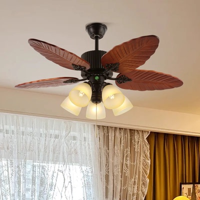 风扇吊灯法式中古实木餐厅吊扇灯美式复古南洋风新款客厅一体吊灯