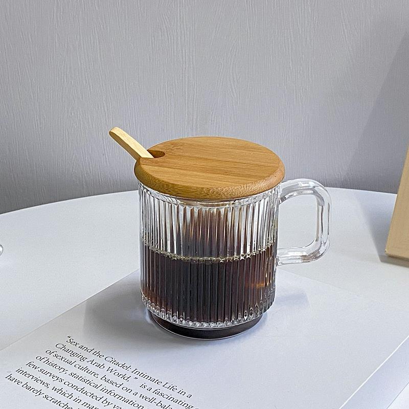 耐热玻璃杯带把 ins风简约竖条纹杯 冰拿铁咖啡杯家用带盖水杯