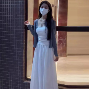 慵懒风韩系休闲三件套 新款 温柔风白色吊带背心连衣裙套装 女早春季