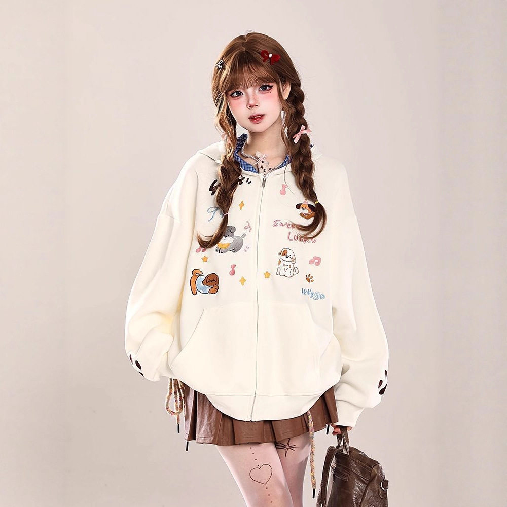 高品质大码女装纯棉卫衣女连帽拉链开衫外套秋季新款刺绣宽松