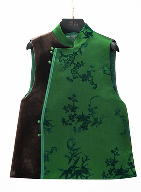 门里门外绿色漳缎拼接丝绒立领马甲BC25DM1318L