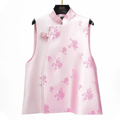 门里门外粉色库缎拼丝毛立领马甲BR26CM0060P