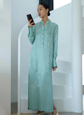 门里门外水蓝色真丝提花连衣裙2022SSL032