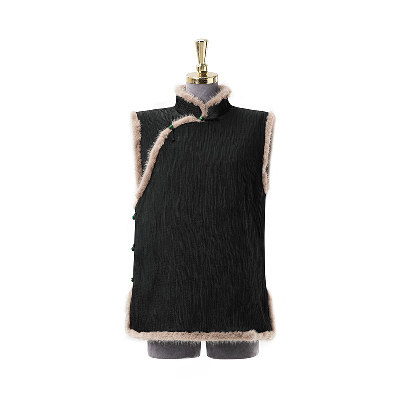 门里门外黑色醋酸压褶夹毛夹棉立领马甲BC25QM1175A