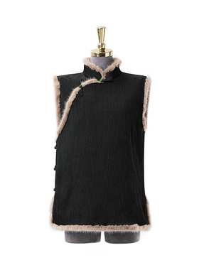 门里门外黑色醋酸压褶夹毛夹棉立领马甲BC25QM1175A