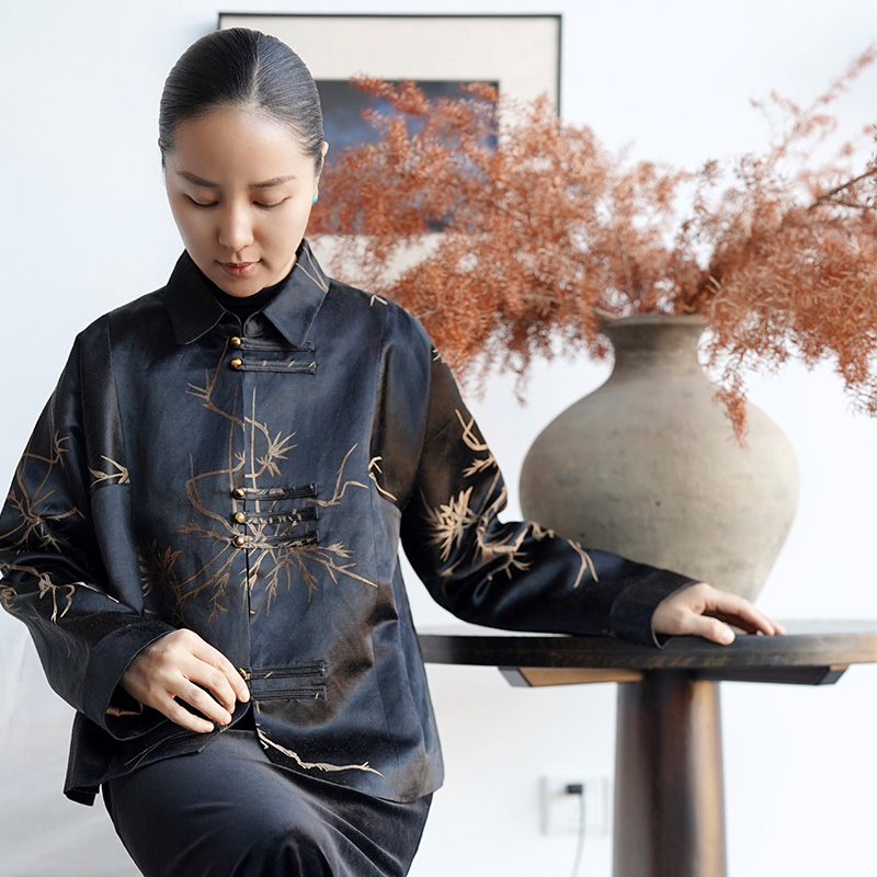 门里门外黑色枝丫丝麻混纺上衣外套BR25QW1187A