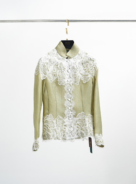 门里门外灰绿色蕾丝花漾刺绣上衣外套BR25QW1019A
