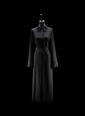 门里门外黑色重绉长款风衣外套BM24QW0548B