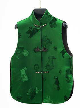 门里门外绿色/棕色漳缎拼羊尼双面穿马甲BC25CM1330C