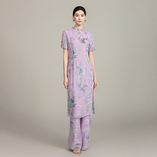 门里门外2025年新款淡紫真丝烂花绒上衣长裤套装旗袍收腰设计女