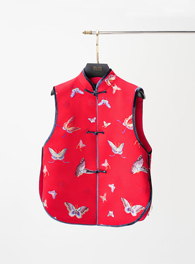 门里门外红色库缎绣花双面镶边马甲BC25DM1230F