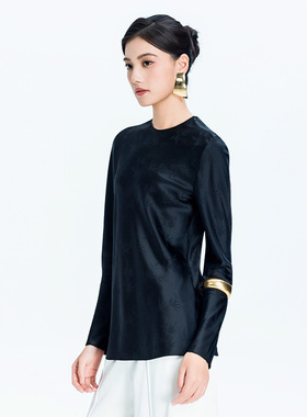 门里门外黑色竹叶真丝提花上衣BR25XS0733A