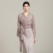 上衣绑带收腰女 灰紫底绿花真丝丝绒短款 门里门外2025年新款 夏薄款