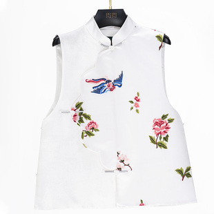 门里门外白色牡丹花库缎丝绒马甲BR26CM0062B