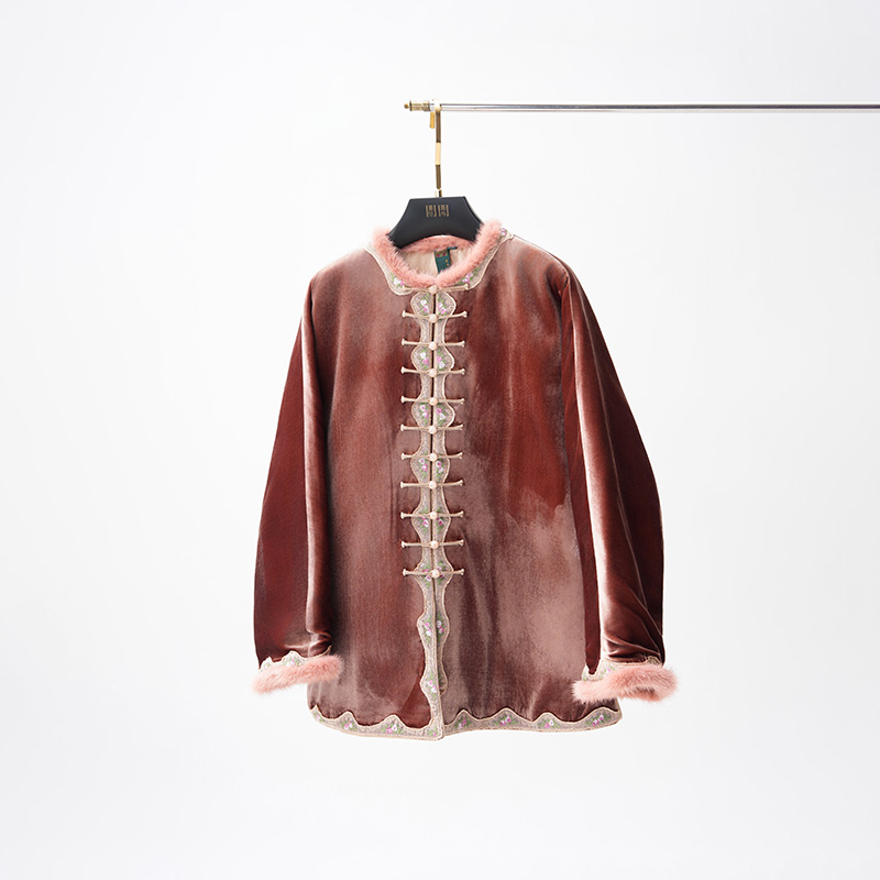 门里门外檀棕色丝绒对襟棉衣BC25QS1206C