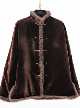 门里门外红棕丝绒宋锦祥云毛边双面穿夹棉外套BC25CW0237B