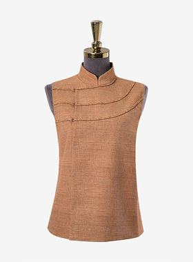 门里门外黄色丝毛麻棉斜襟马甲BC25QM0932A