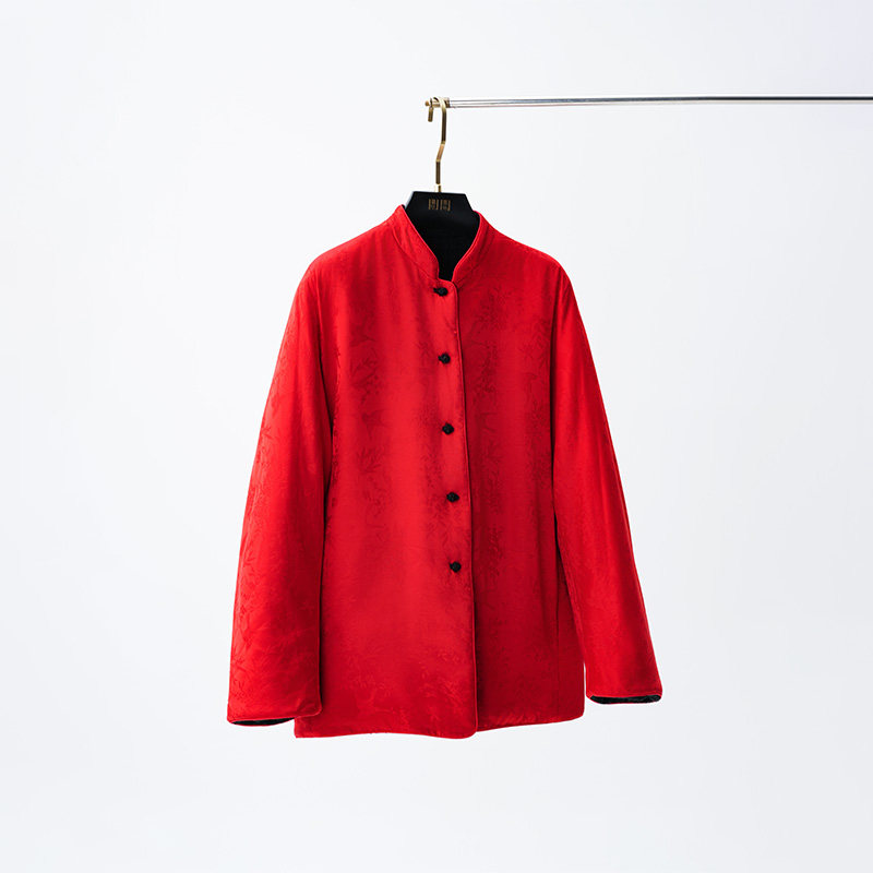 门里门外红色/黑色花鸟缠枝双面夹棉外套BR25DW1243G