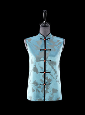 门里门外蓝色拼黑色叶子凤凰真丝提花马甲BC24QM0461B