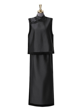 门里门外黑色丝毛马甲BR25QS1061C黑色真丝丝绒半裙BR25QB1062C