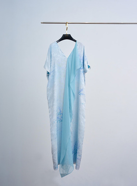 门里门外浅蓝色竹叶纹花罗提花连衣裙BR25XQ0651A