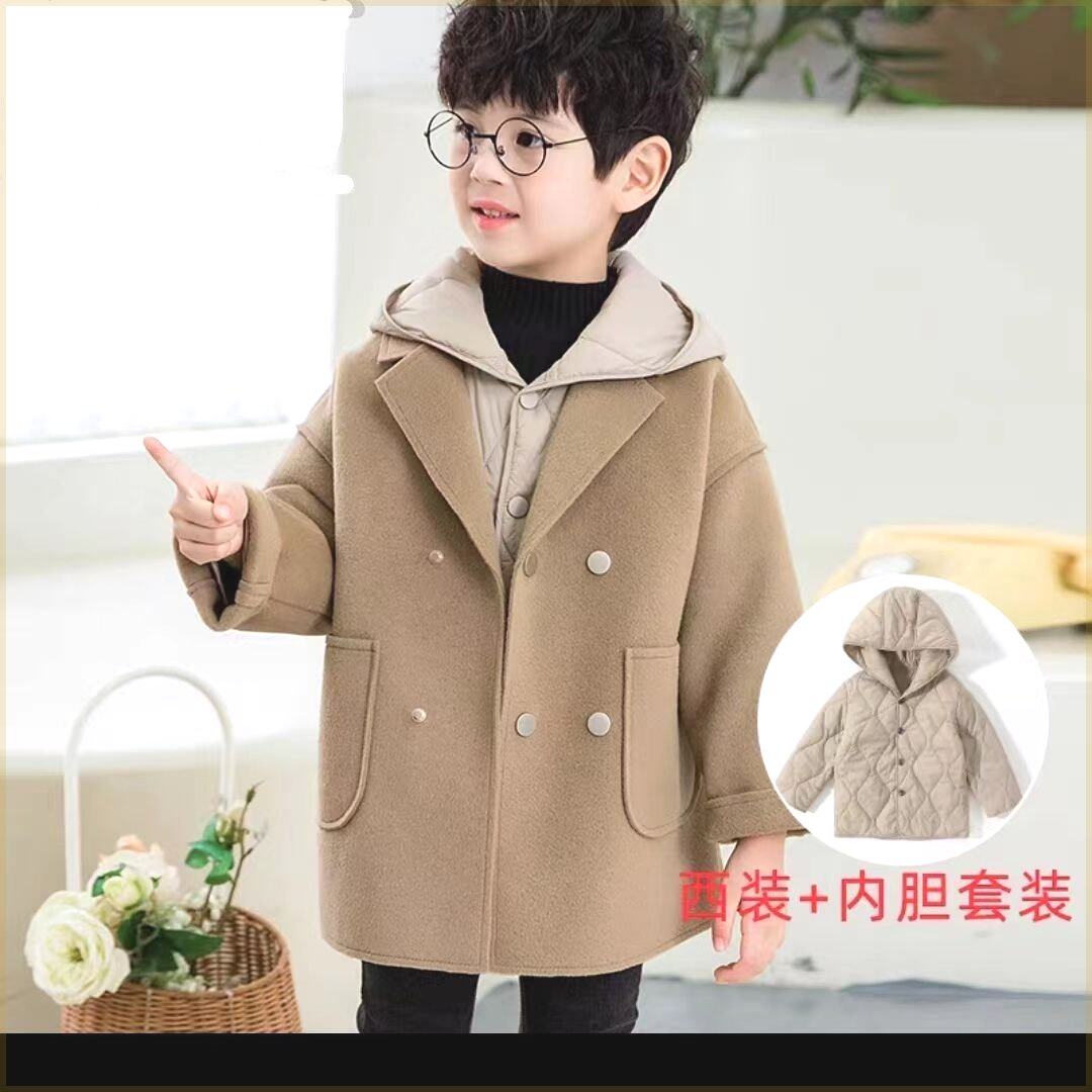 男童呢子大衣秋冬外套2025秋冬新款儿童宝宝洋气双面尼小西装套装