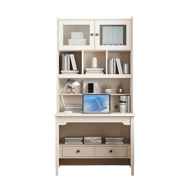 折叠书桌书架一体卧室连体书桌柜家用学生奶油白色电脑桌书柜组合