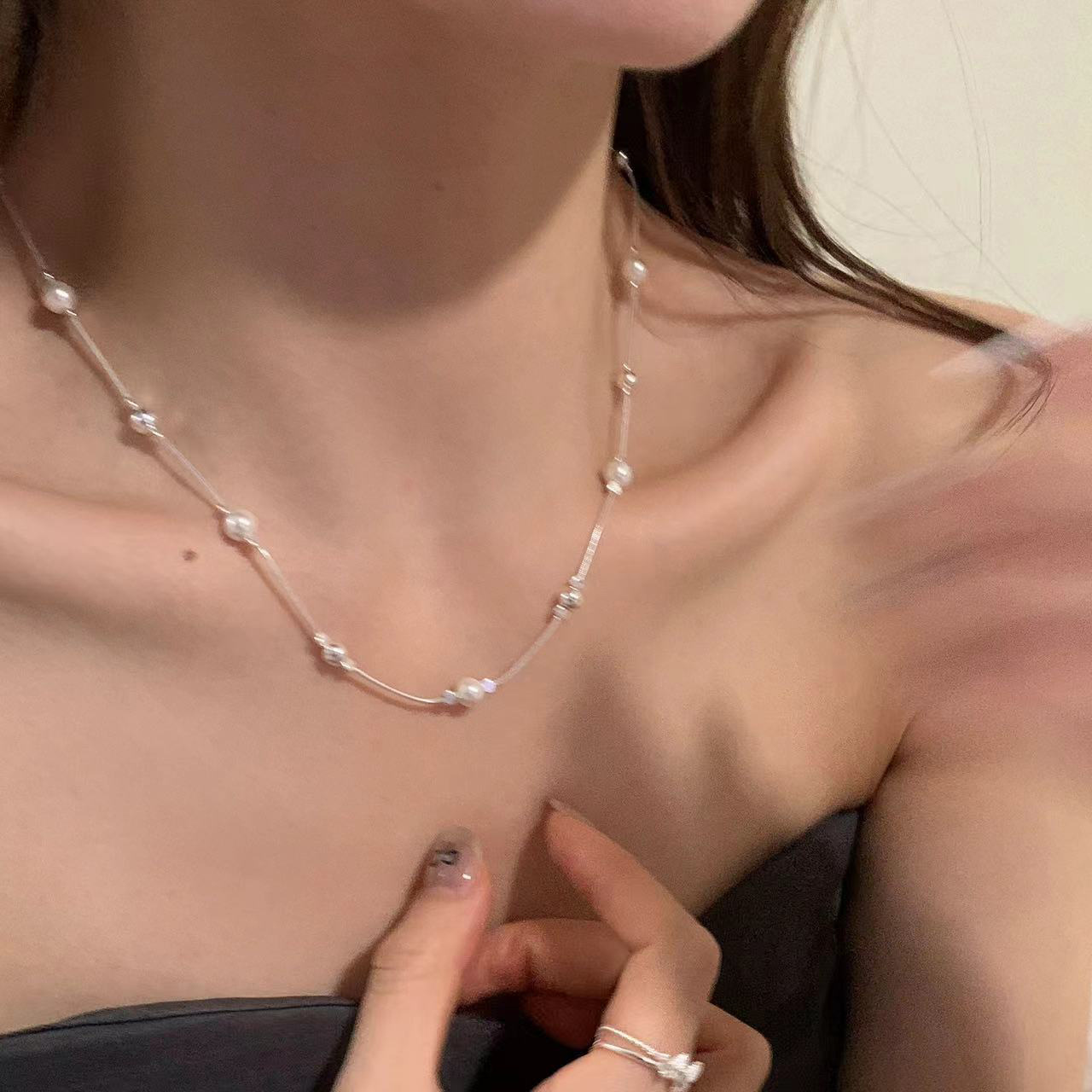 日本品质999纯银小众设计蛇骨链圆球珍珠项链女轻奢高级感气质锁