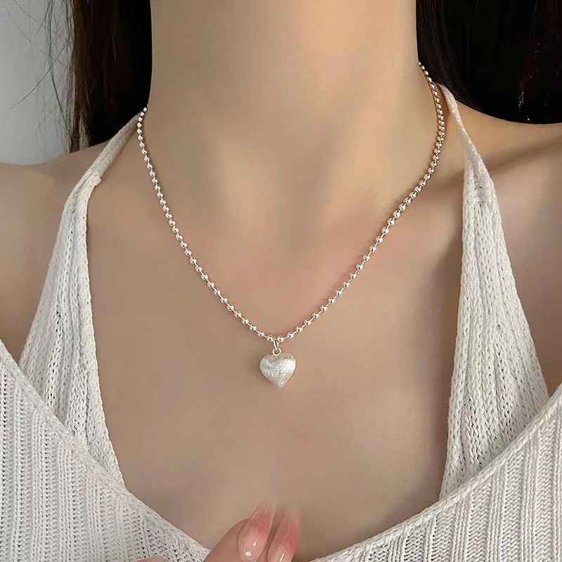 日本品质S990纯银拉丝爱心项链女 韩版轻奢高级感圆珠链心形吊坠