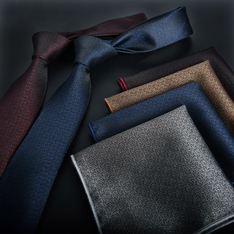 男士商务韩版窄式领带口袋巾2件套装1200针现货素色黑色酒红色6CM