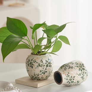田园复古绿萝小花瓶陶瓷繁花冰裂纹新中式 饰 摆件客厅书房办公桌装