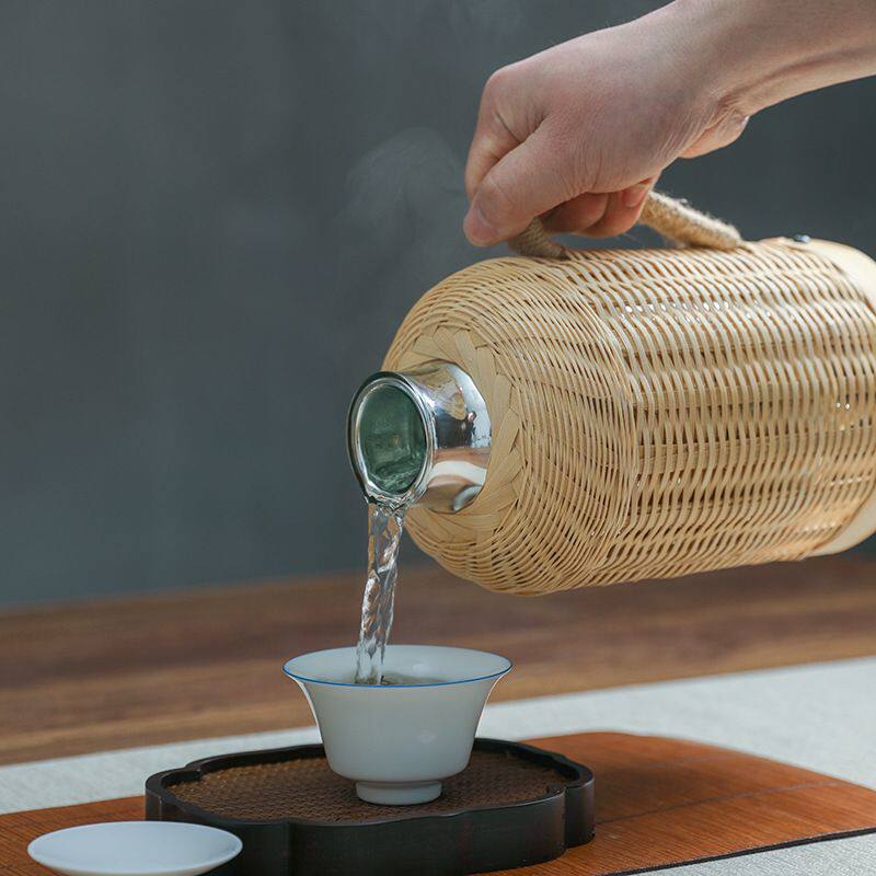 批手工传统热水瓶玻璃内胆保温保冷木塞闷茶壶竹编热水壶电振尾荣