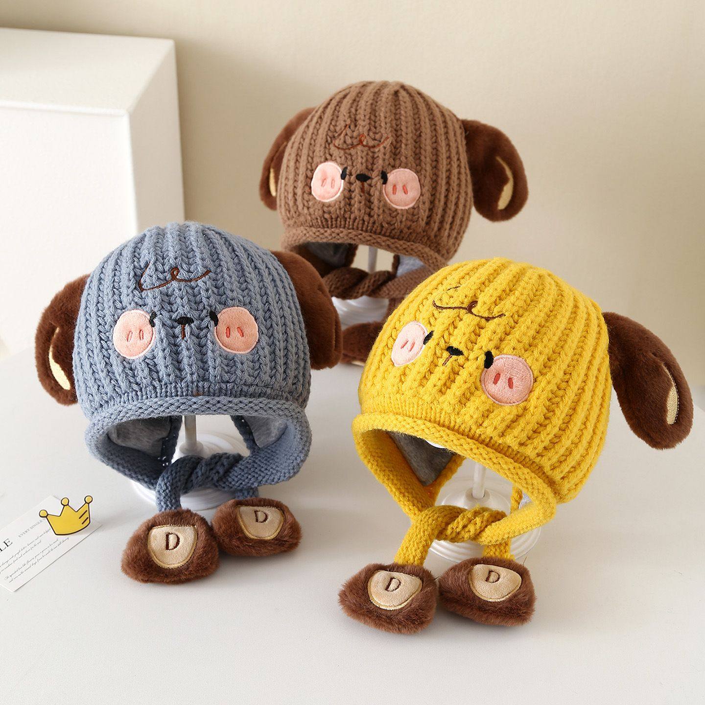 冬季可爱小绵羊加绒护耳帽男女童针织帽加厚保暖毛线套头帽