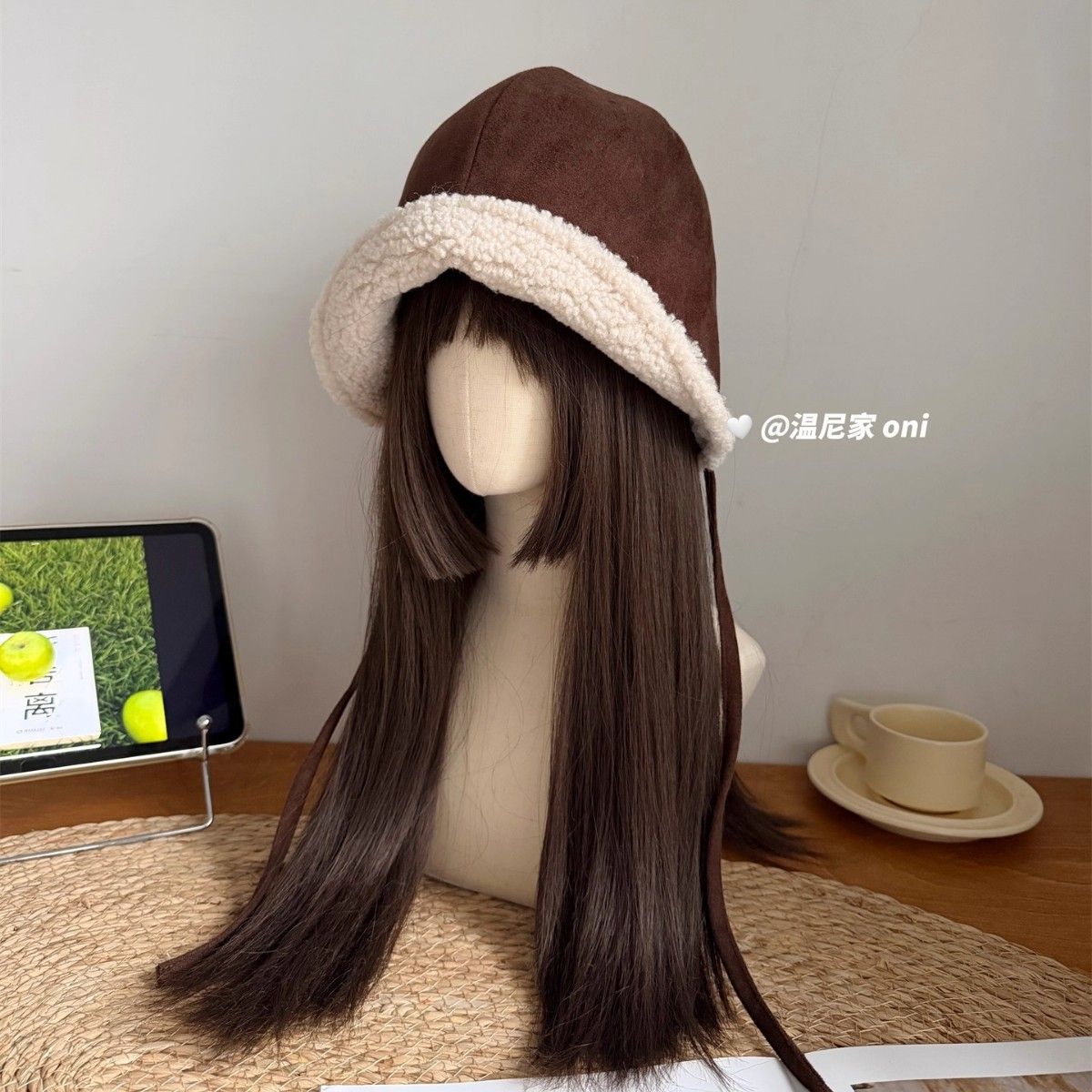 双面戴~韩系麂皮绒绑带渔夫帽女冬保暖羊羔毛防风骑行护耳盆帽潮