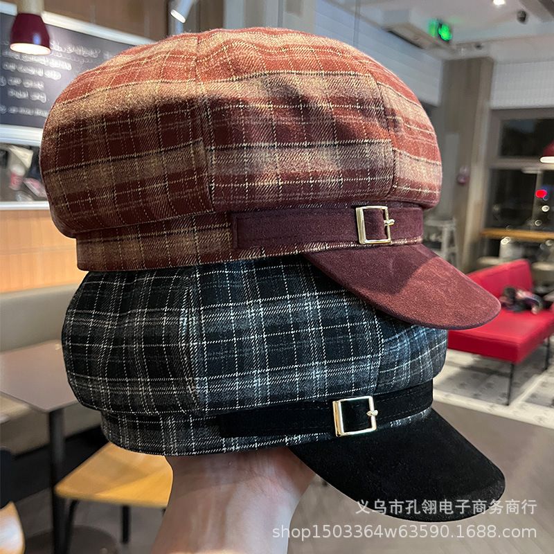 韩版ins风复古格子八角帽女春秋时尚百搭显脸小报童帽街头画家帽